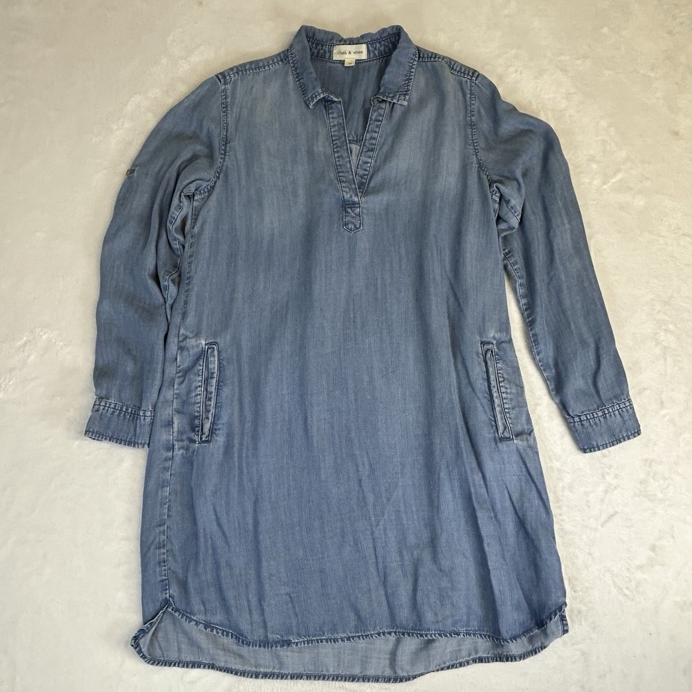 Anthropologie Cloth & Stone Chambray Denim Popover Shirt Dress Size Medium - Picture 12 of 12